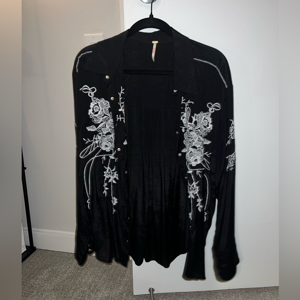 Free People Black Button Down Shirt with White Embroidery